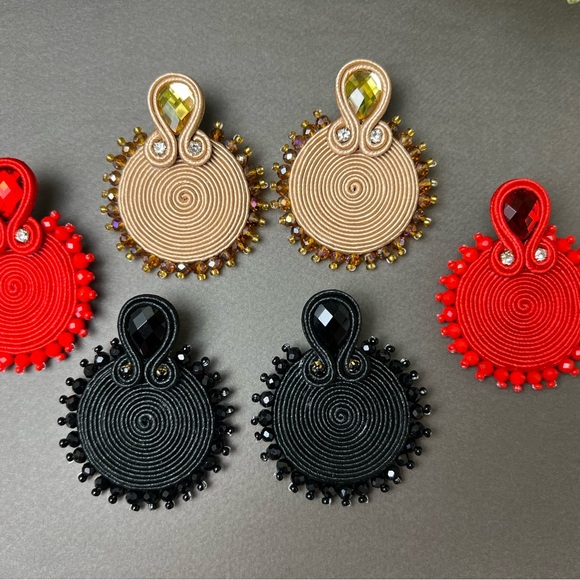 Black Elegant Round Dangle Earrings - Evening Glam Soutache Earrings - Picture 8 of 8